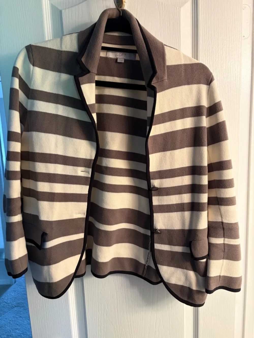 LOFT Cream and Brown Striped Knit Blazer - Picture 1 of 3